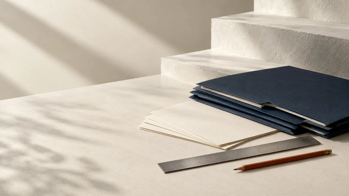 Navy folders and carefully arranged paper on a sunlit desk